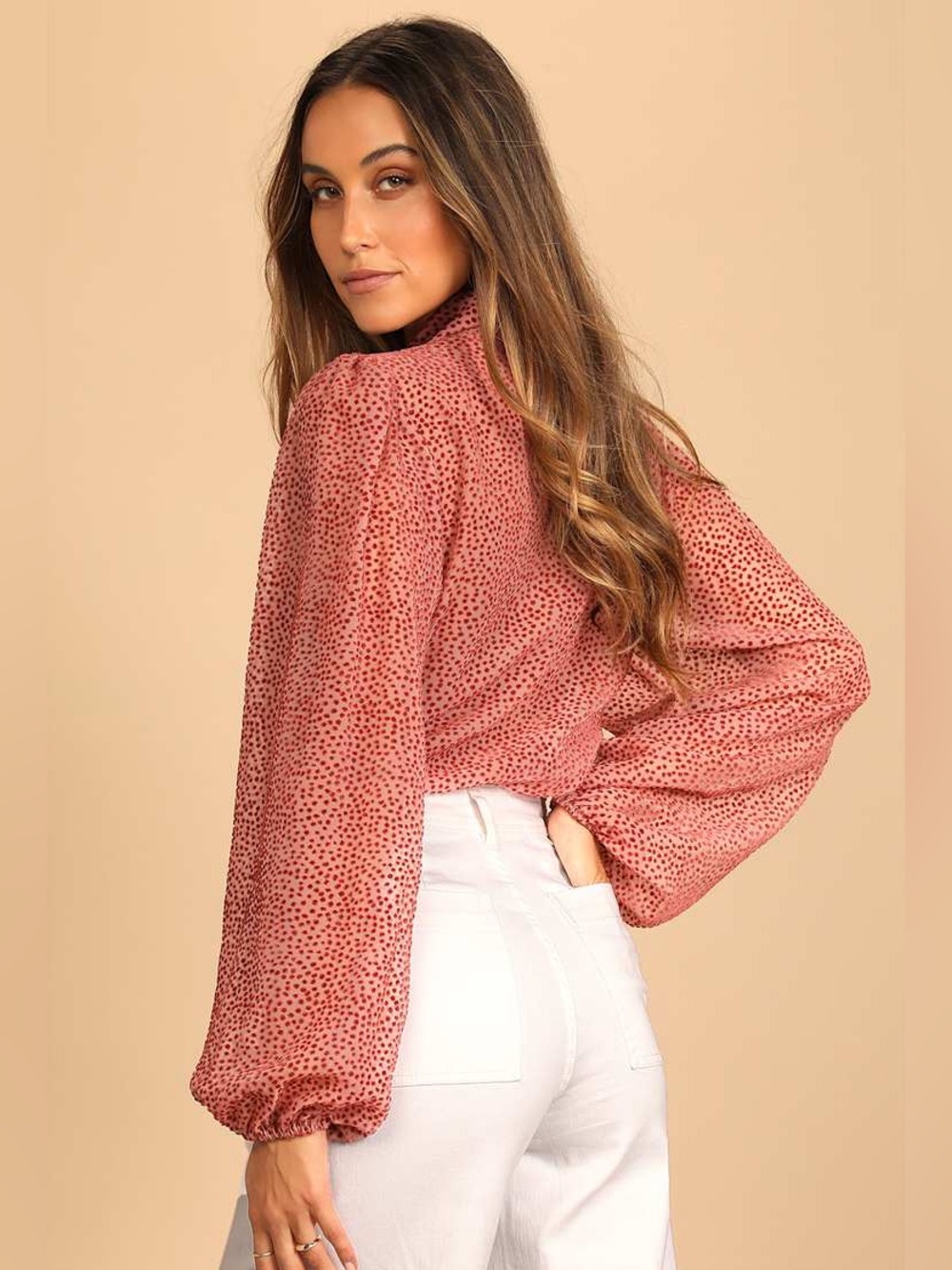 Lulus Top M Positive Influences Pink Dotted Long Sleeve Button Up Flocked Sheer - Picture 3 of 16